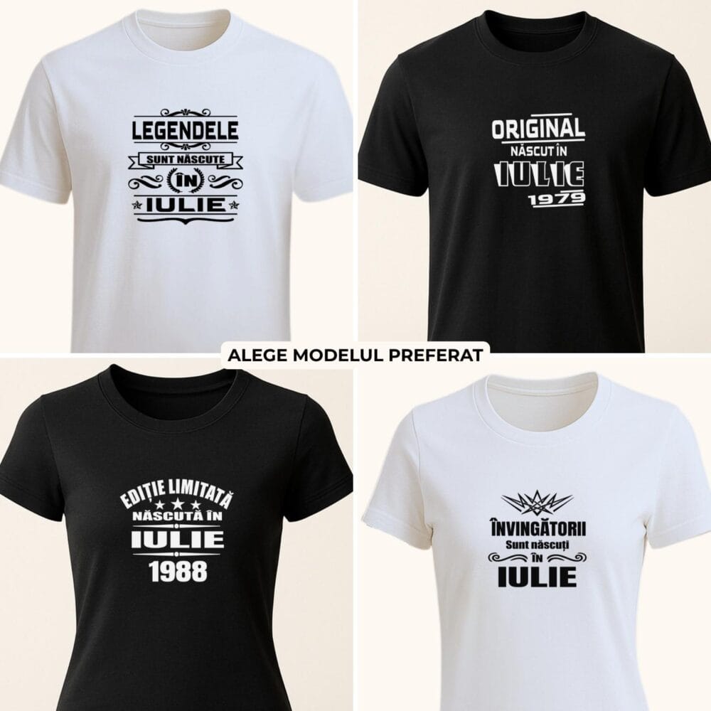 Colaj cu 4 modele de tricou personalizat Născut în Iulie, unisex, pentru cadou aniversar