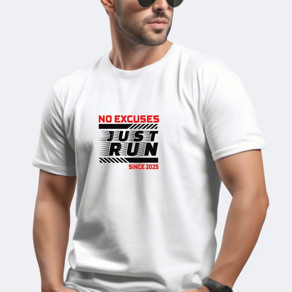 Tricou No Excuses Just Run unisex, purtat de bărbat, model running personalizat pe tricou alb