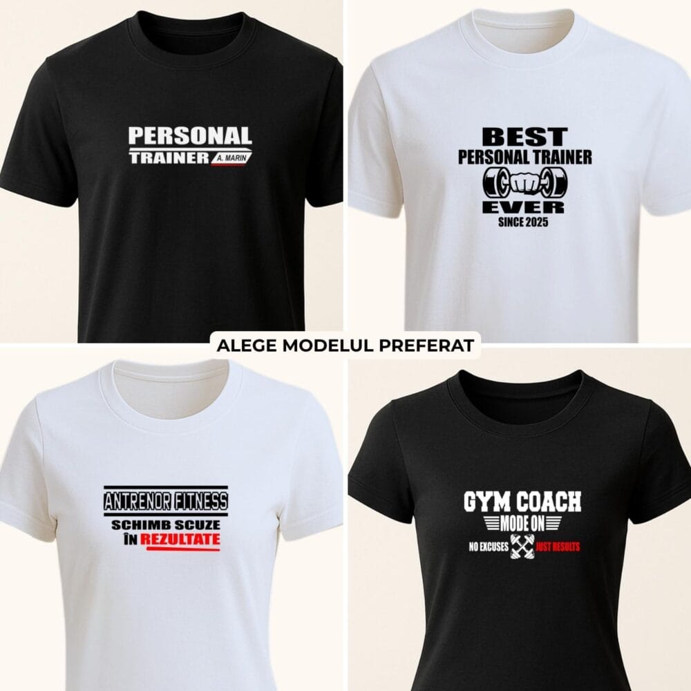 Tricou personal trainer și antrenor fitness cu 4 modele unisex personalizabile