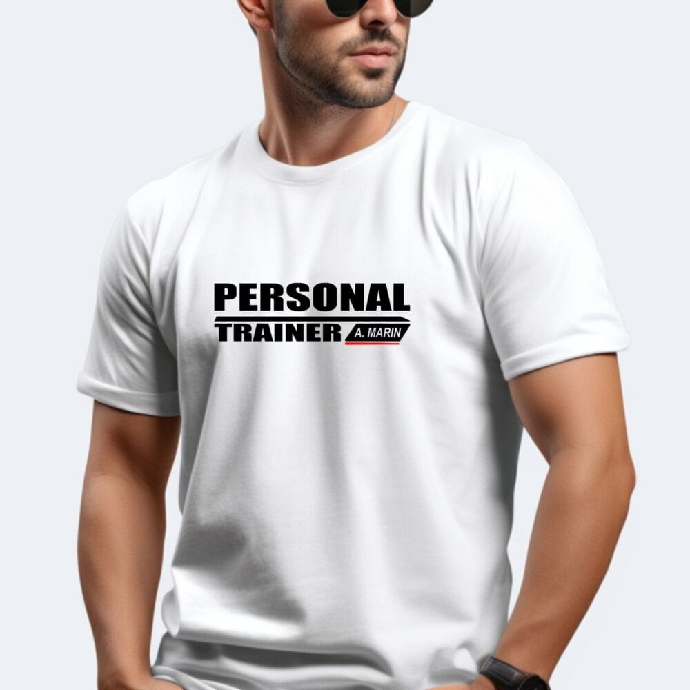 Tricou Personal Trainer cu nume A. Marin, model personalizat pentru antrenor pe tricou alb