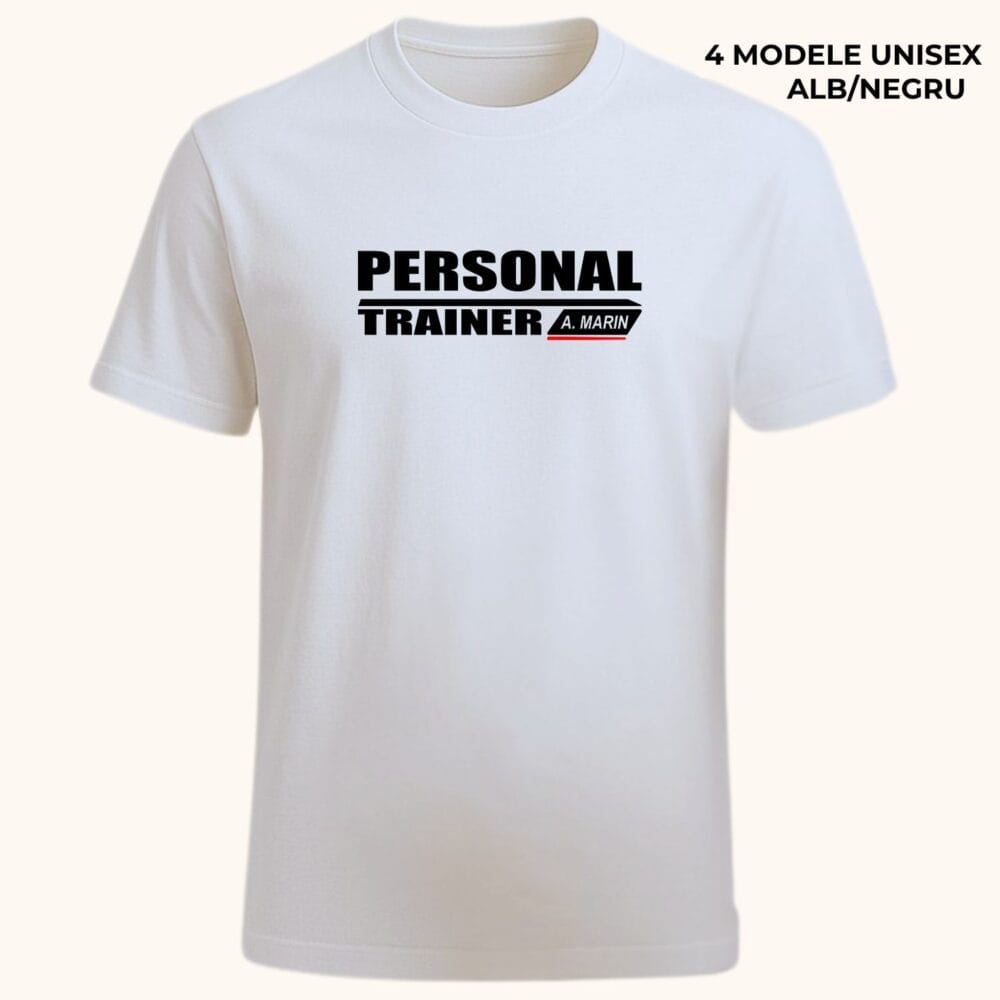 Tricou Personal Trainer personalizat unisex, model pentru antrenor fitness pe tricou alb