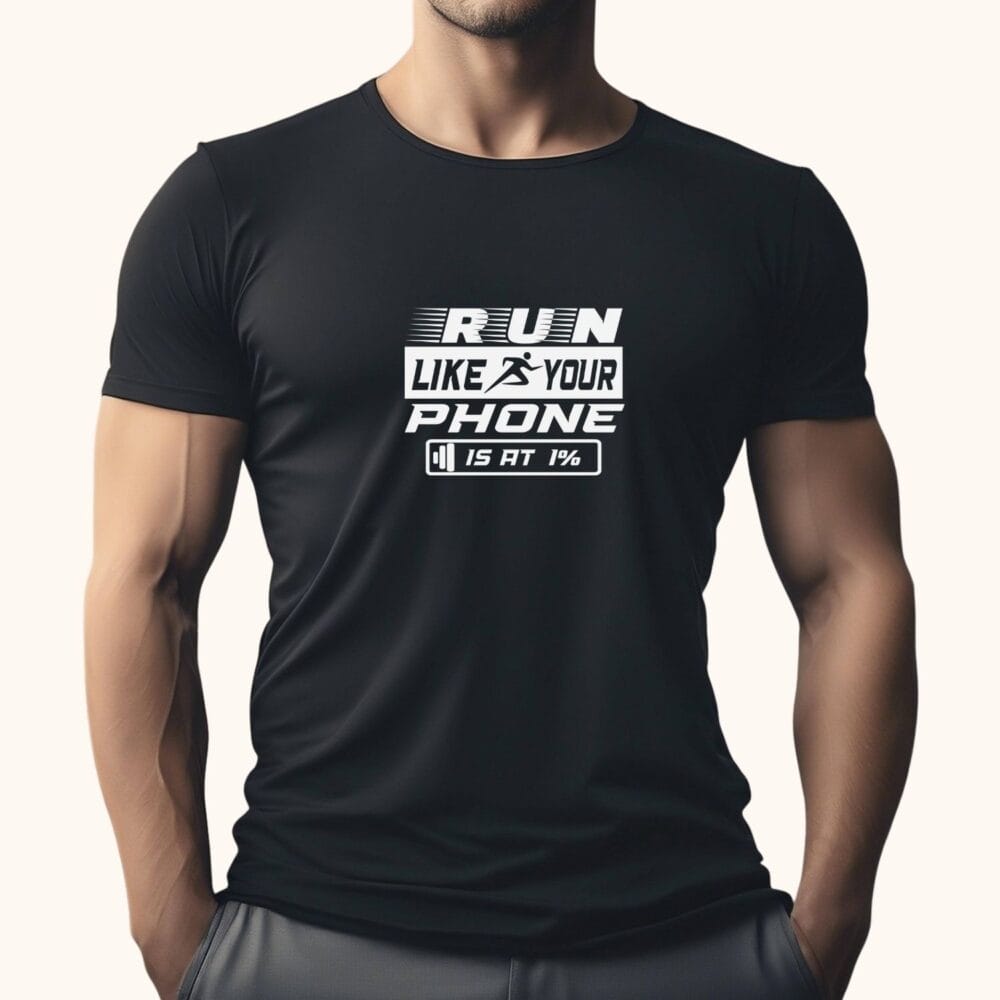 Tricou Run Like Your Phone Is at 1%, model funny running pentru alergători pe tricou negru