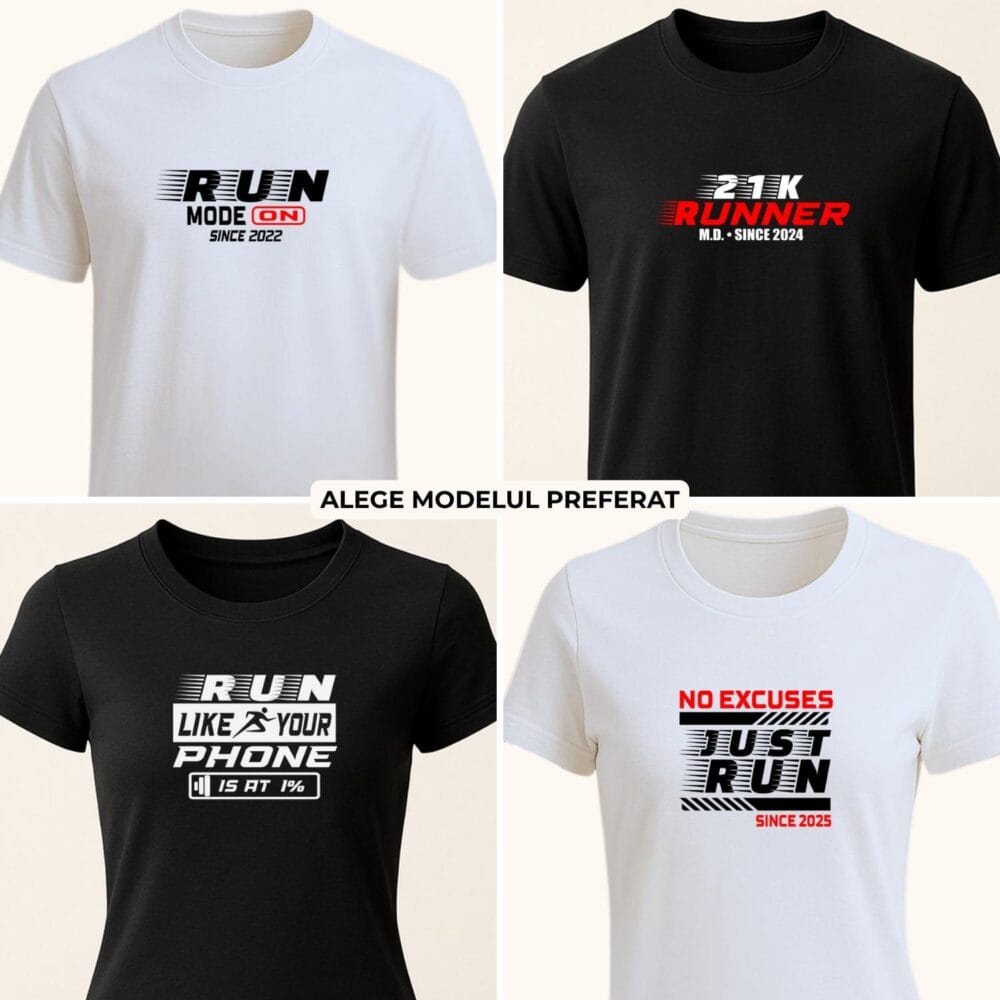Tricou running personalizat unisex cu 4 modele pentru alergători, alb și negru