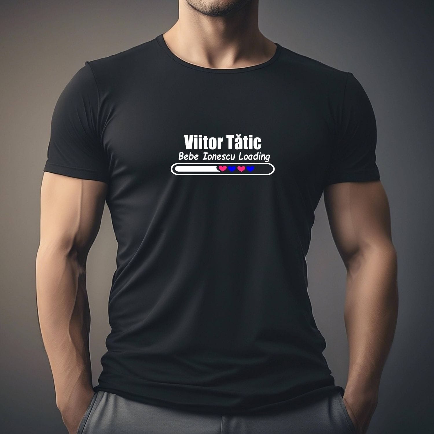 tricou-viitor-tatic-bebe-cu-nume-loading-negru Tricou Viitor Tătic personalizat cu numele bebelușului și mesaj Bebe Loading, cadou special pentru viitori părinți