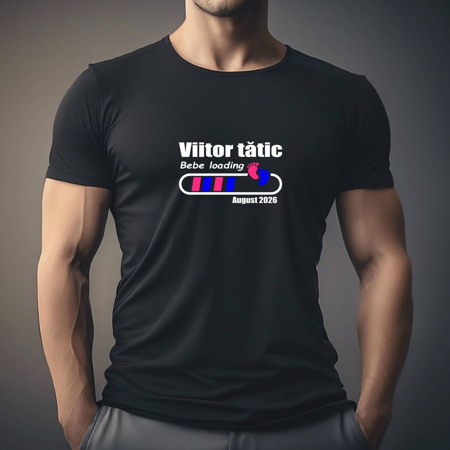 tricou-viitor-tatic-bebe-loading-personalizat-negru Tricou Viitor Tătic personalizat cu mesaj Bebe Loading, cadou pentru viitorul tată și anunț special de sarcină